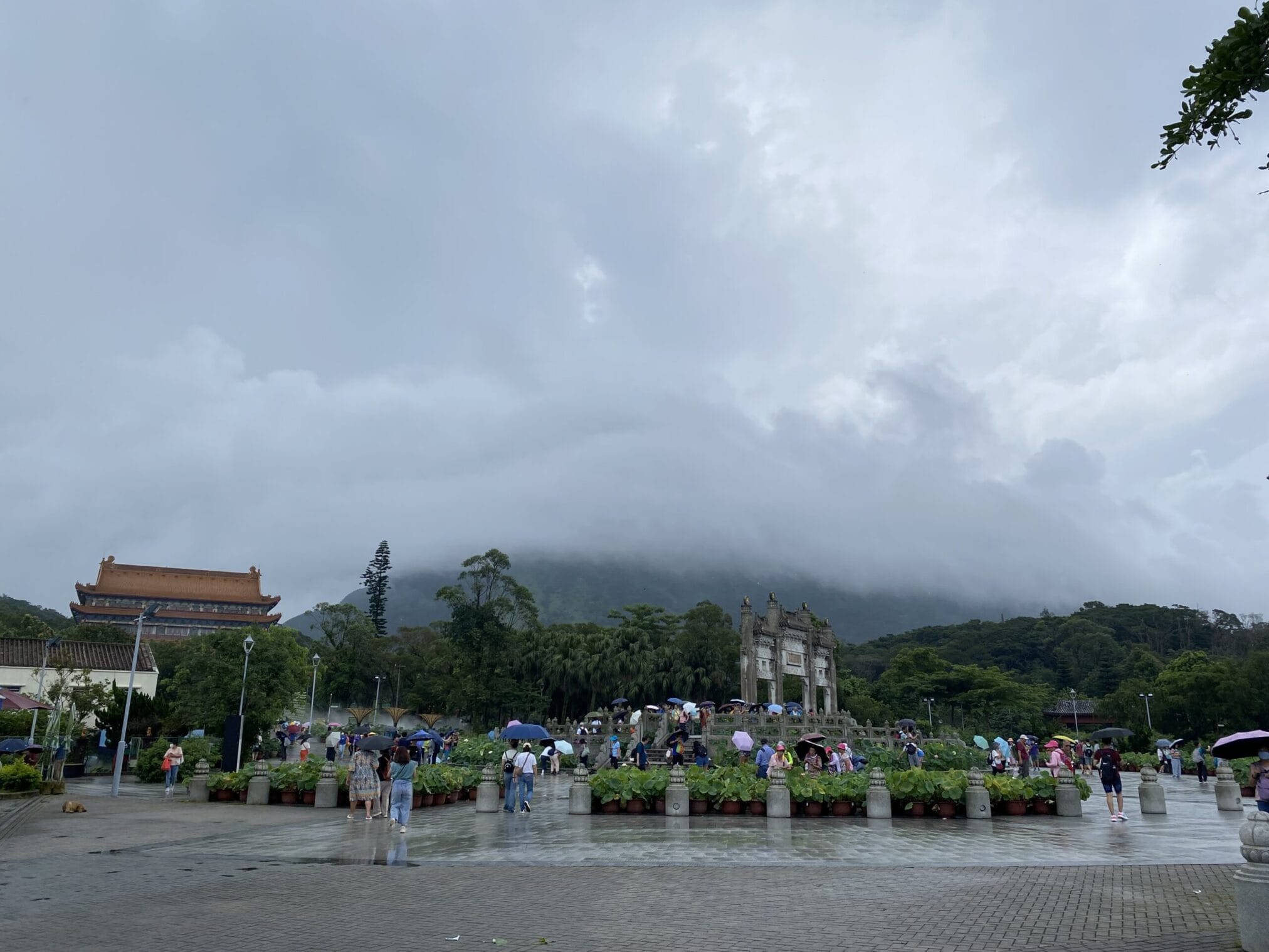สวนสาธารณะในวันฝนตก มีผู้คนถือร่ม Many people with umbrellas in rainy park