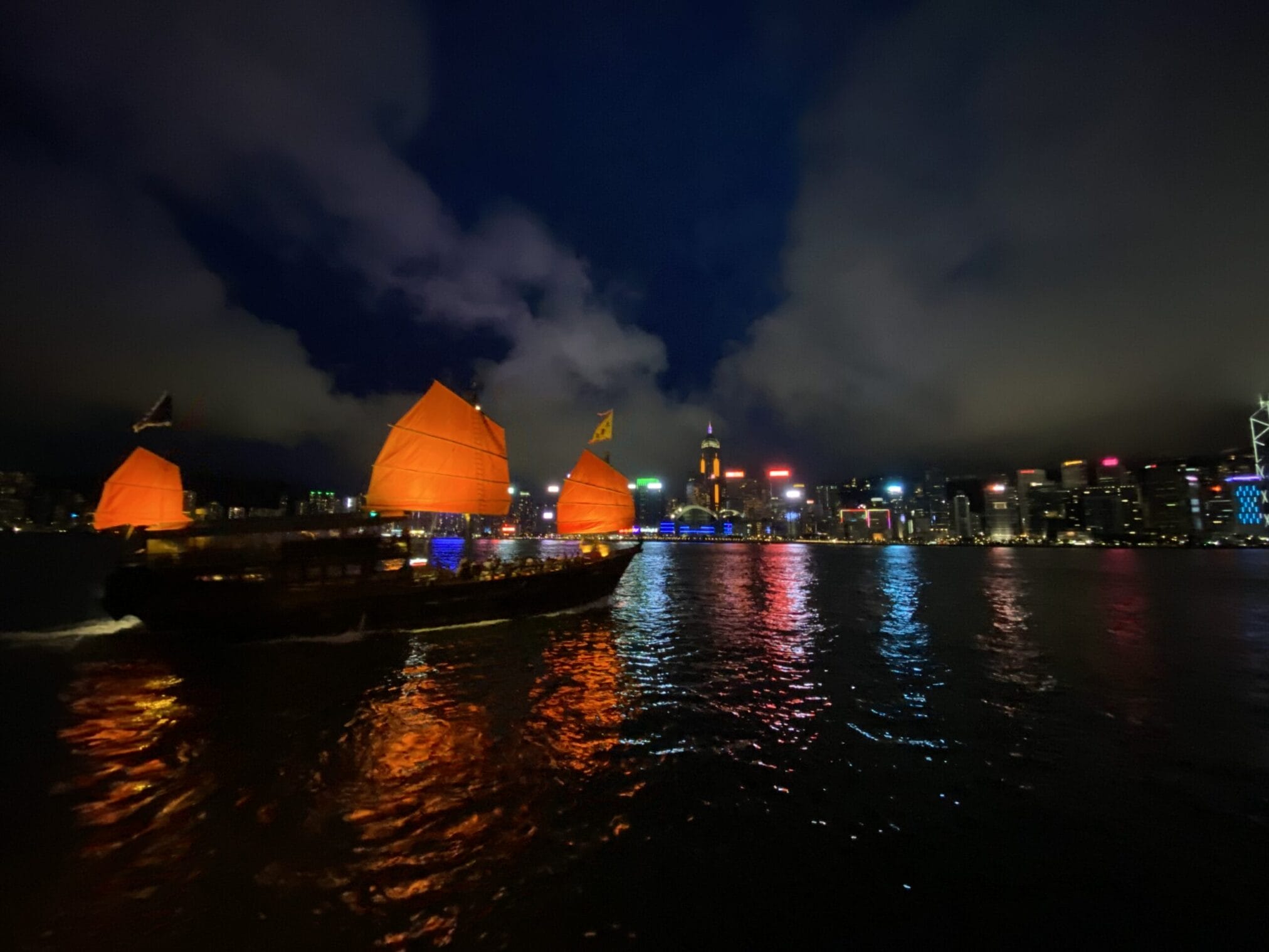 ภาพวิวเมืองฮ่องกงยามค่ำคืน มีแสงไฟจากอาคารสูงสะท้อนน้ำในอ่าวและท้องฟ้ามีเมฆหนา Hong Kong city night skyline with skyscraper lights reflecting on the harbor and cloudy sky