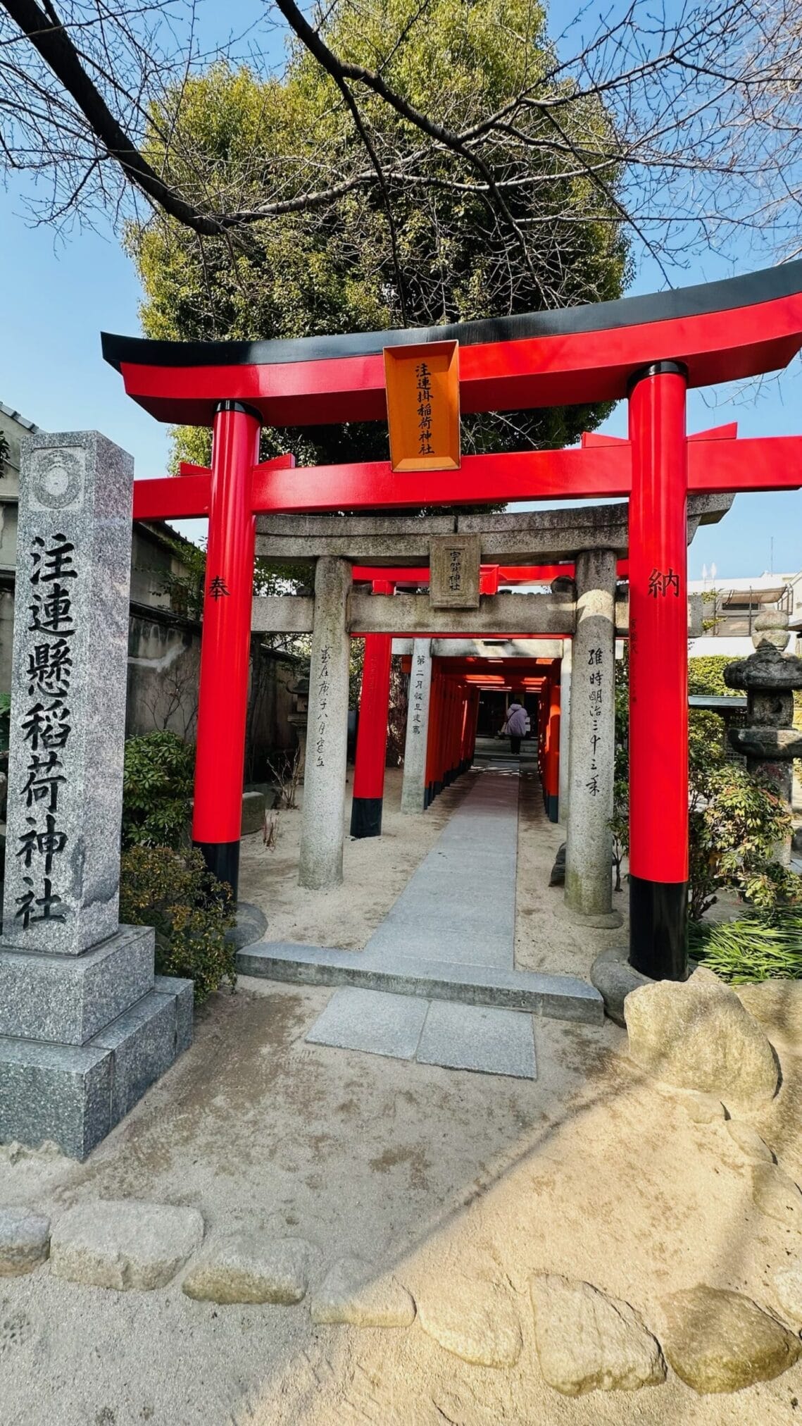 ศาลเจ้าชูเรกาเคะอินาริที่มีเสาโทริอิสีแดงเรียงรายในฟุกุโอกะ