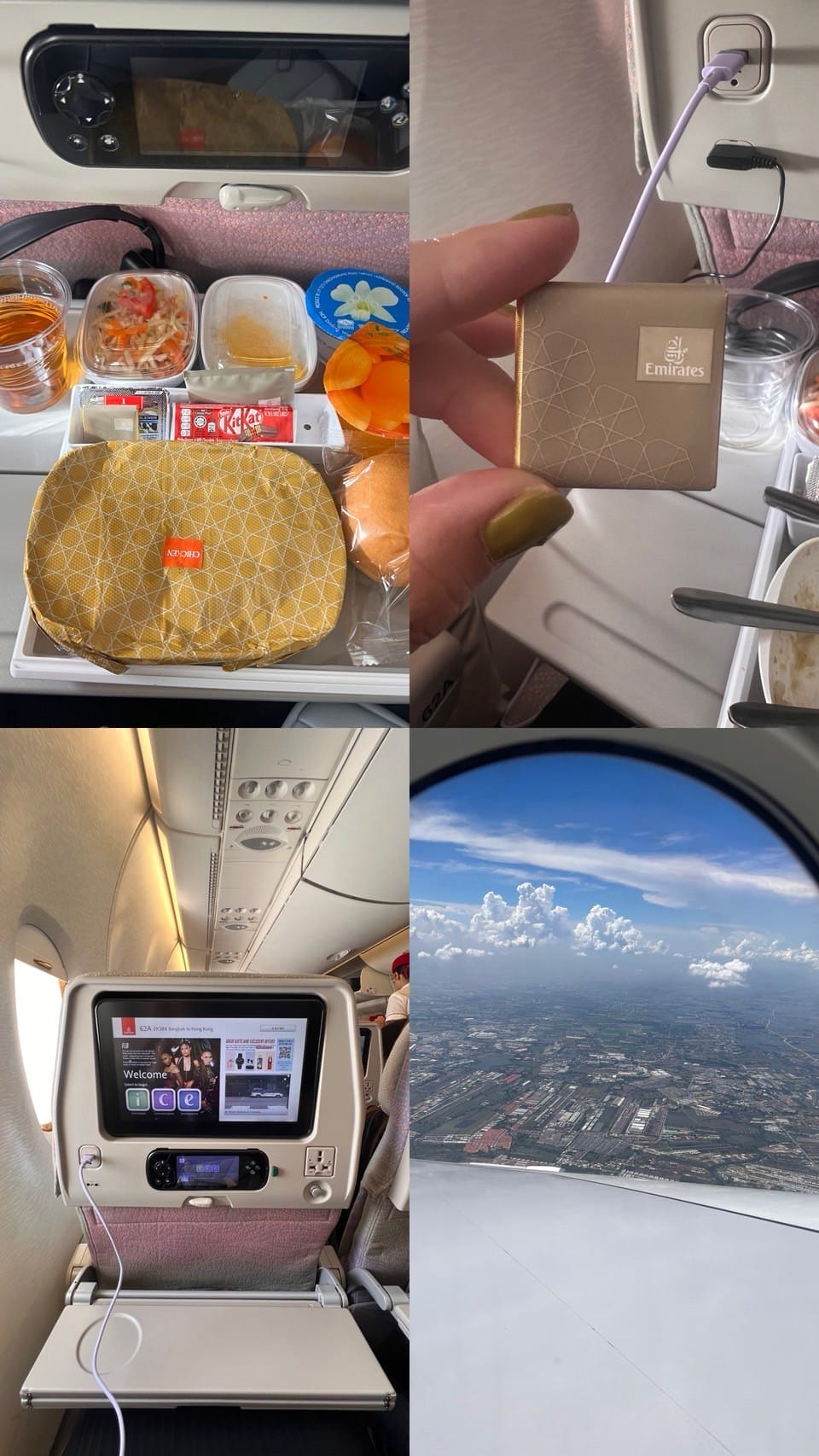 ชุดอาหารบนเครื่องบิน Emirates พร้อมช็อกโกแลต มุมมองหน้าจอบันเทิงในที่นั่ง และวิวจากหน้าต่างเครื่องบิน Emirates in-flight meal set with chocolate, seat entertainment screen, and aerial view from airplane window